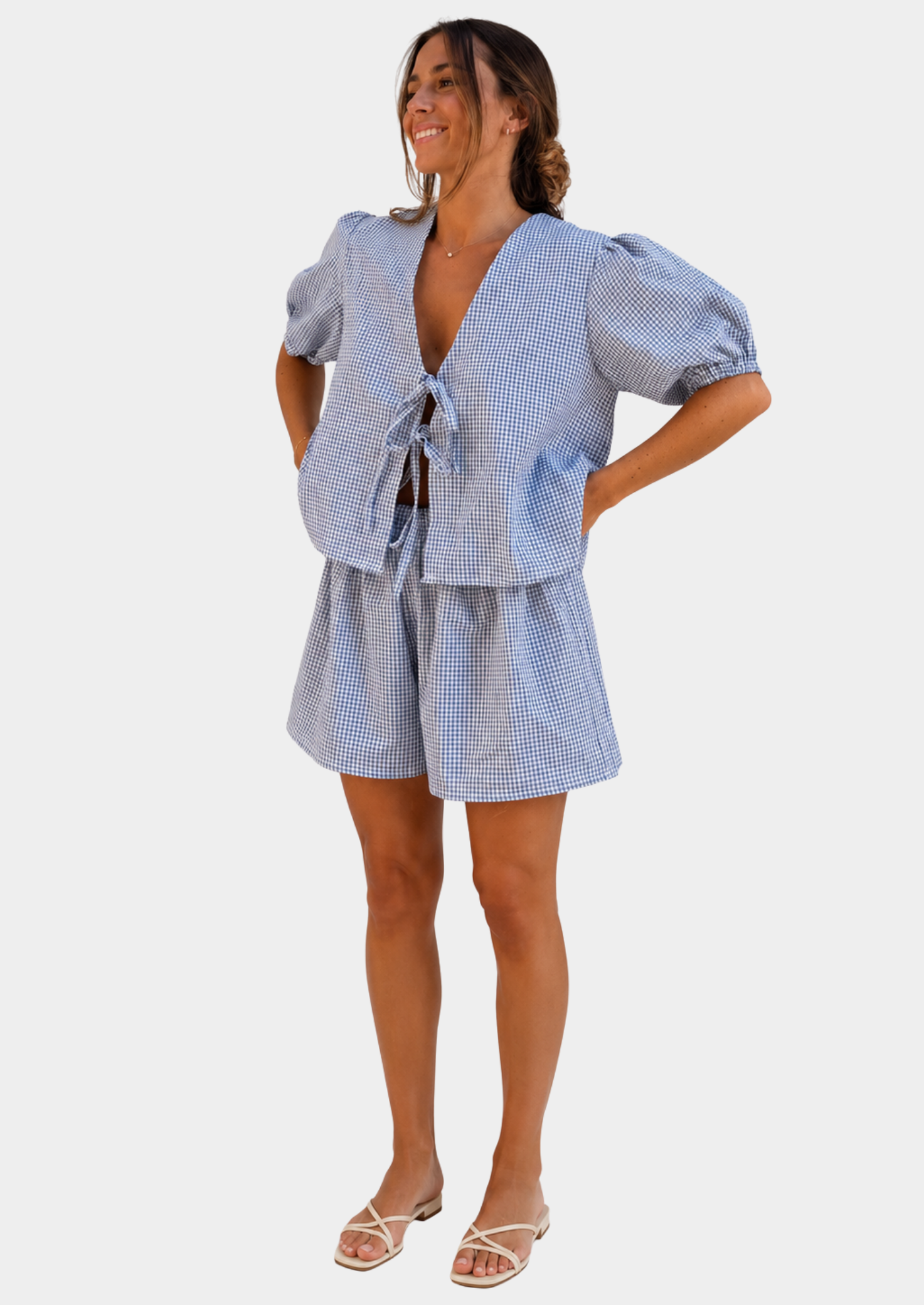Women’s Plaid Blouse and Shorts Set with Puff Sleeves
