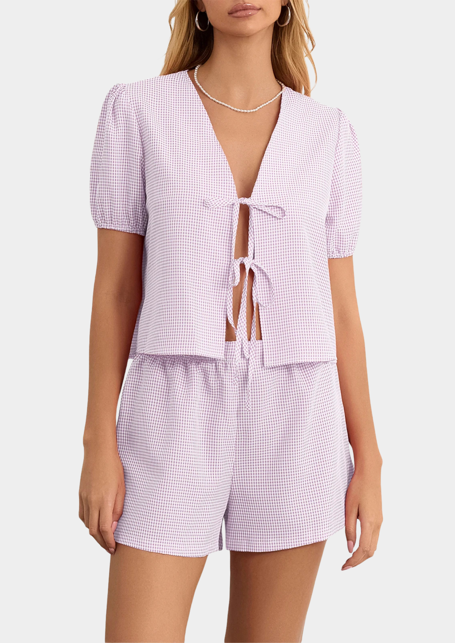 Women’s Plaid Blouse and Shorts Set with Puff Sleeves