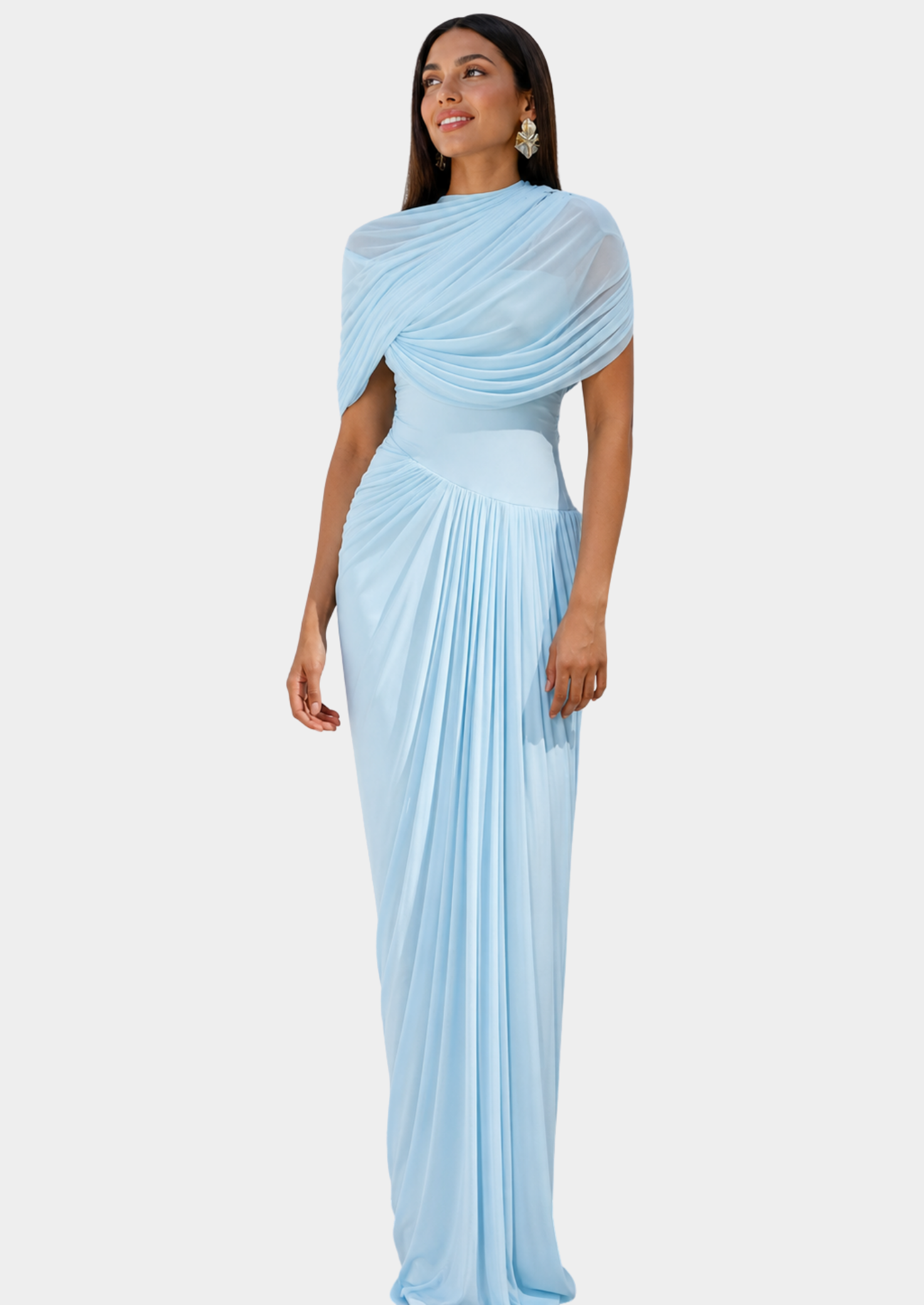 Women’s Pleated Short Sleeve Maxi Dress with Draped Neckline