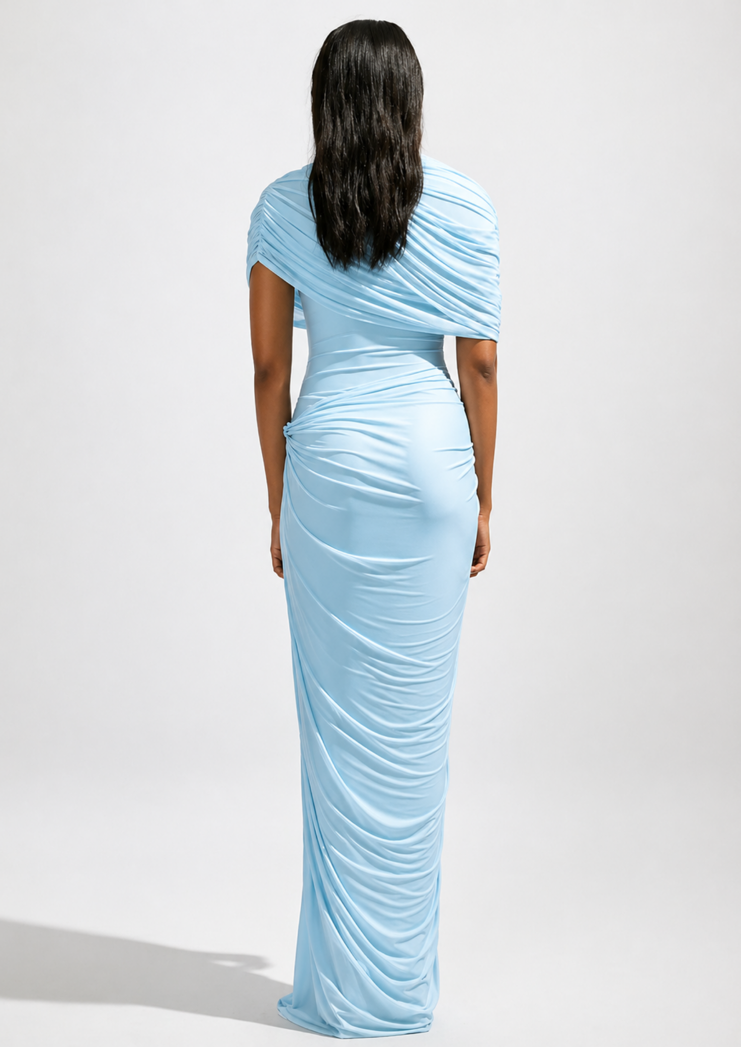 Women’s Pleated Short Sleeve Maxi Dress with Draped Neckline