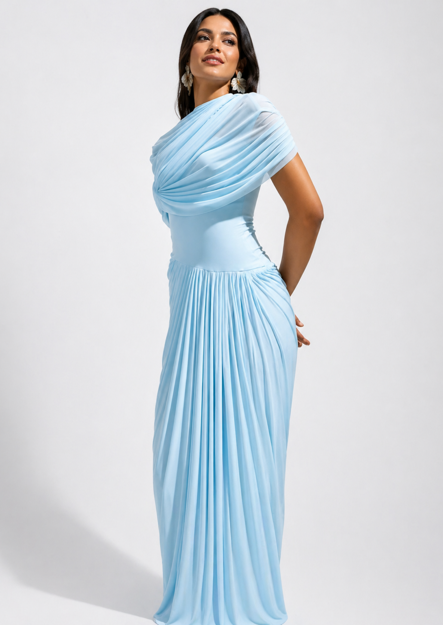 Women’s Pleated Short Sleeve Maxi Dress with Draped Neckline