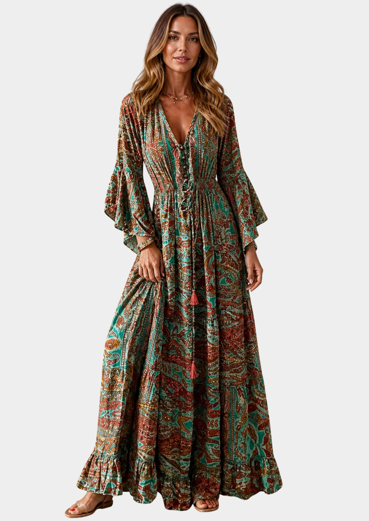 Women’s Printed Maxi Dress with V-Neck and Long Sleeves