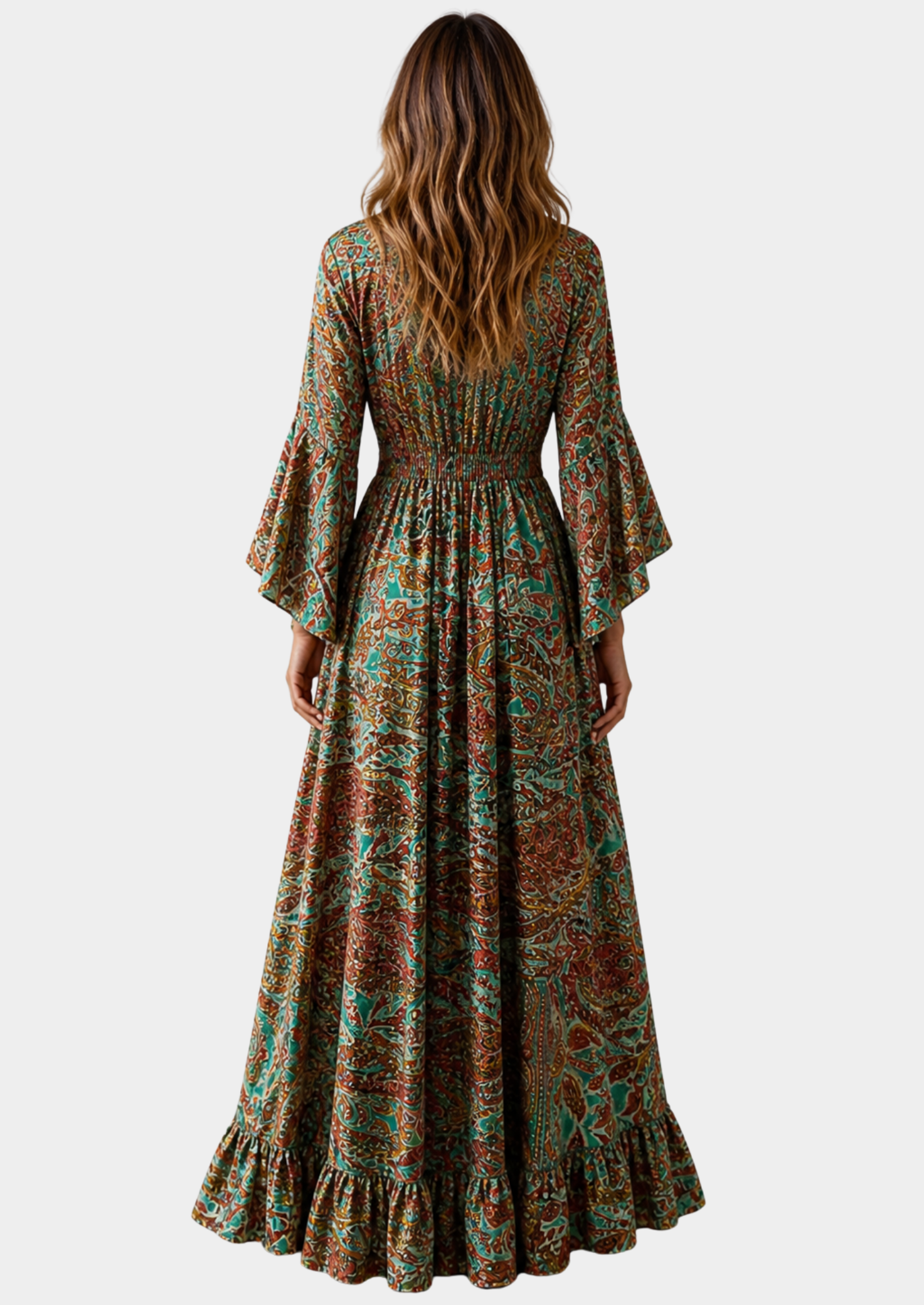 Women’s Printed Maxi Dress with V-Neck and Long Sleeves