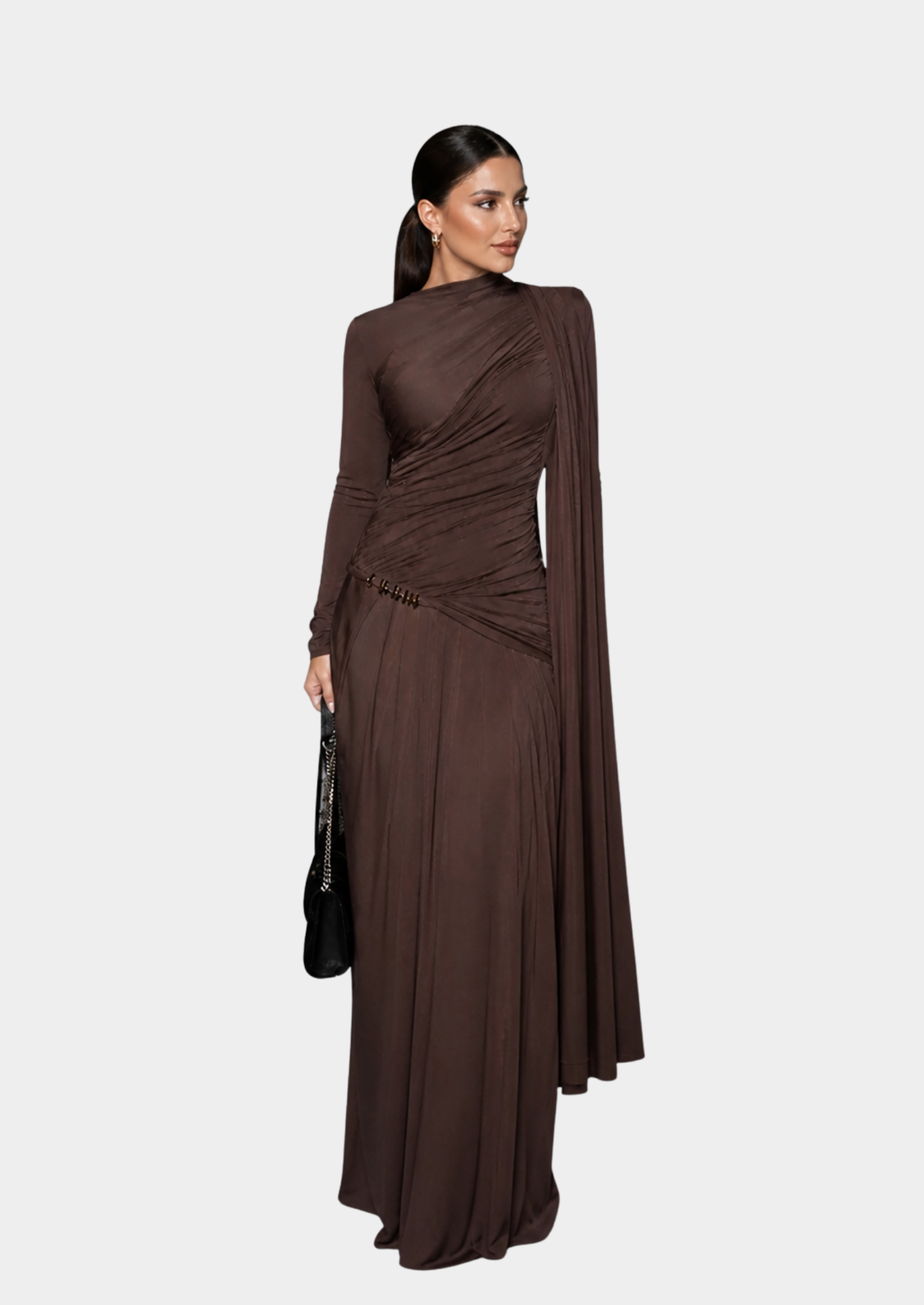 Women’s Ruched Long Sleeve Maxi Dress with Draped Panel
