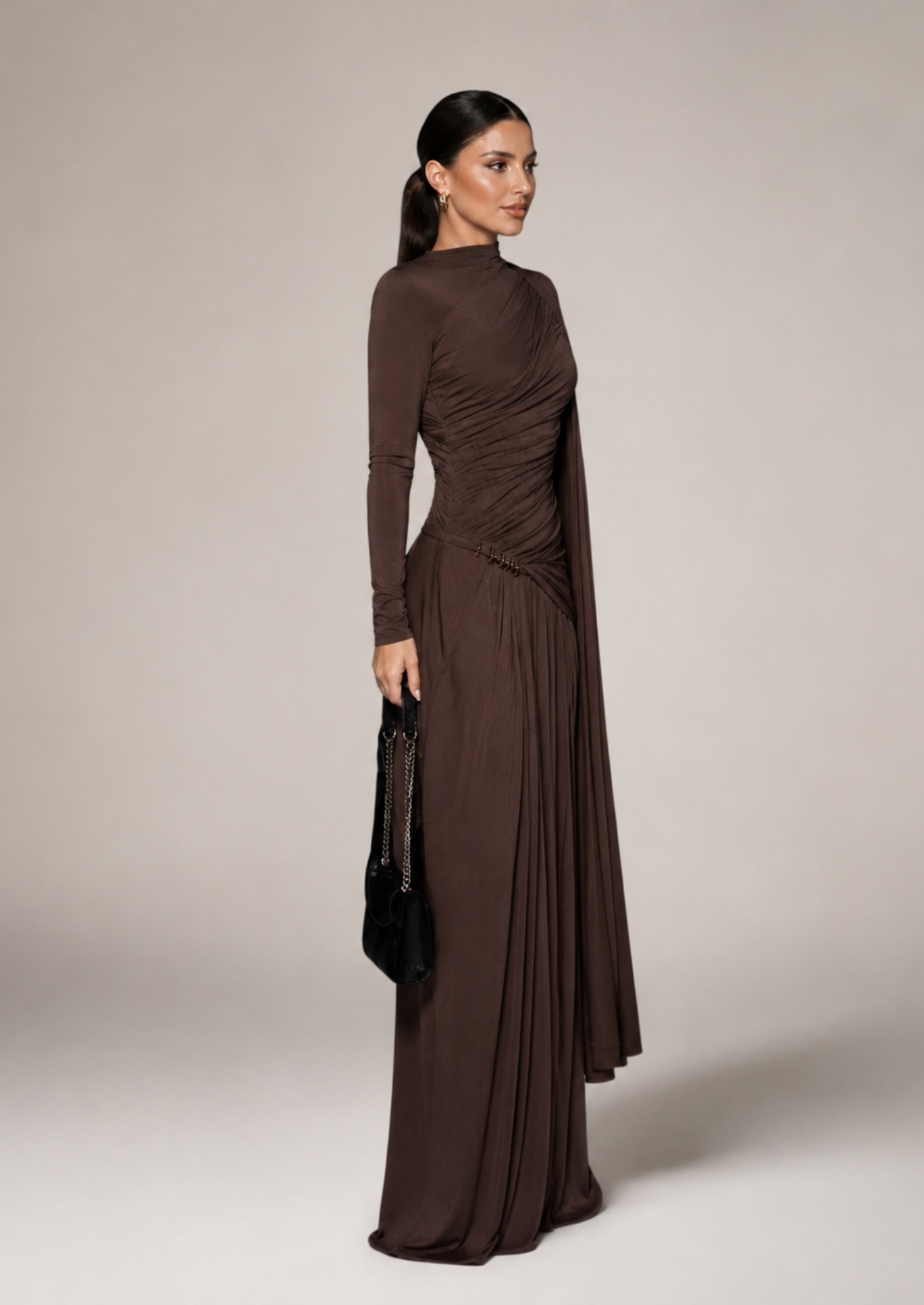Women’s Ruched Long Sleeve Maxi Dress with Draped Panel