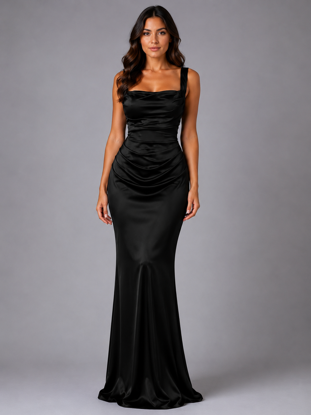 Women’s Satin Maxi Dress with Square Neck and Ruched Waist