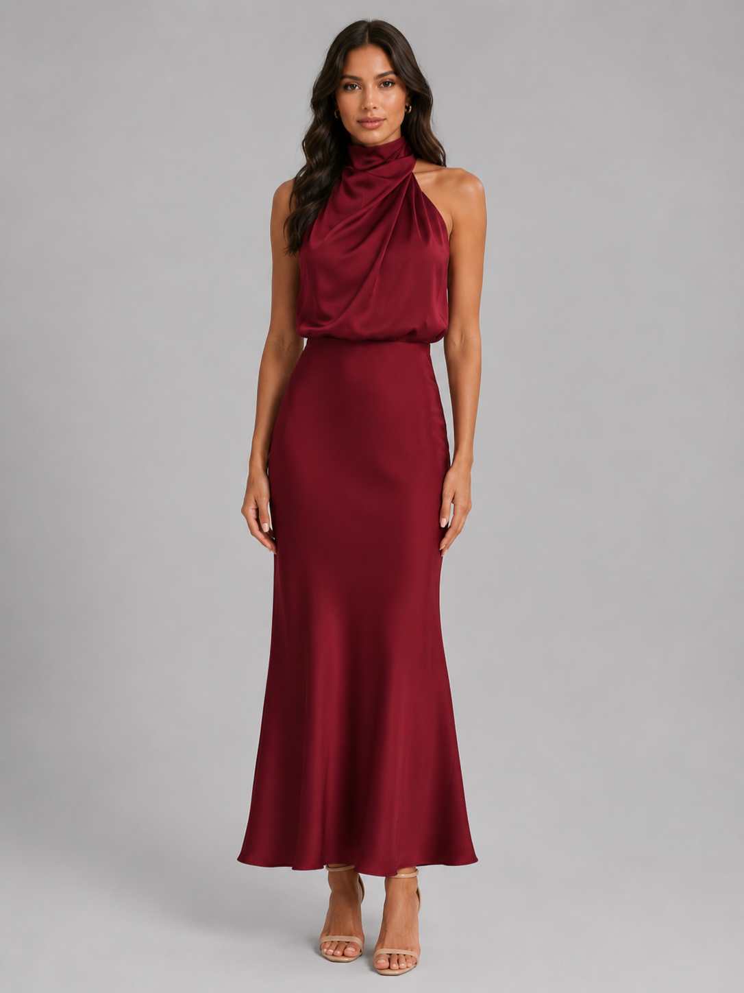 Women’s Satin Midi Dress with High Neckline