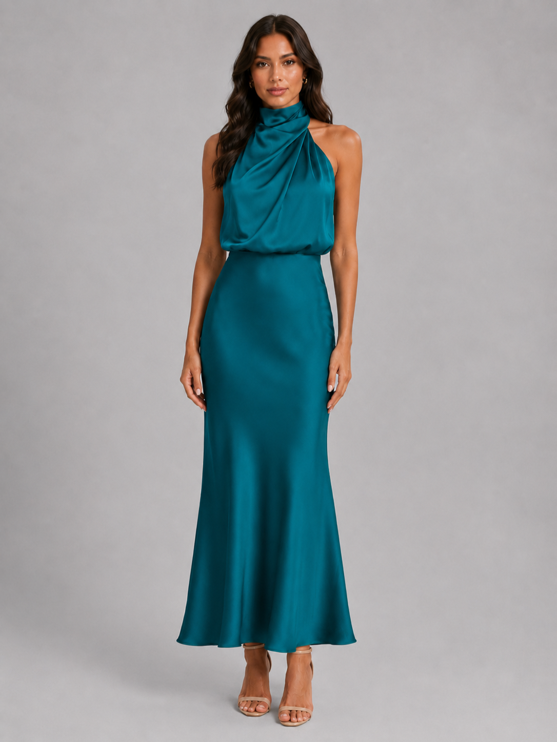 Women’s Satin Midi Dress with High Neckline