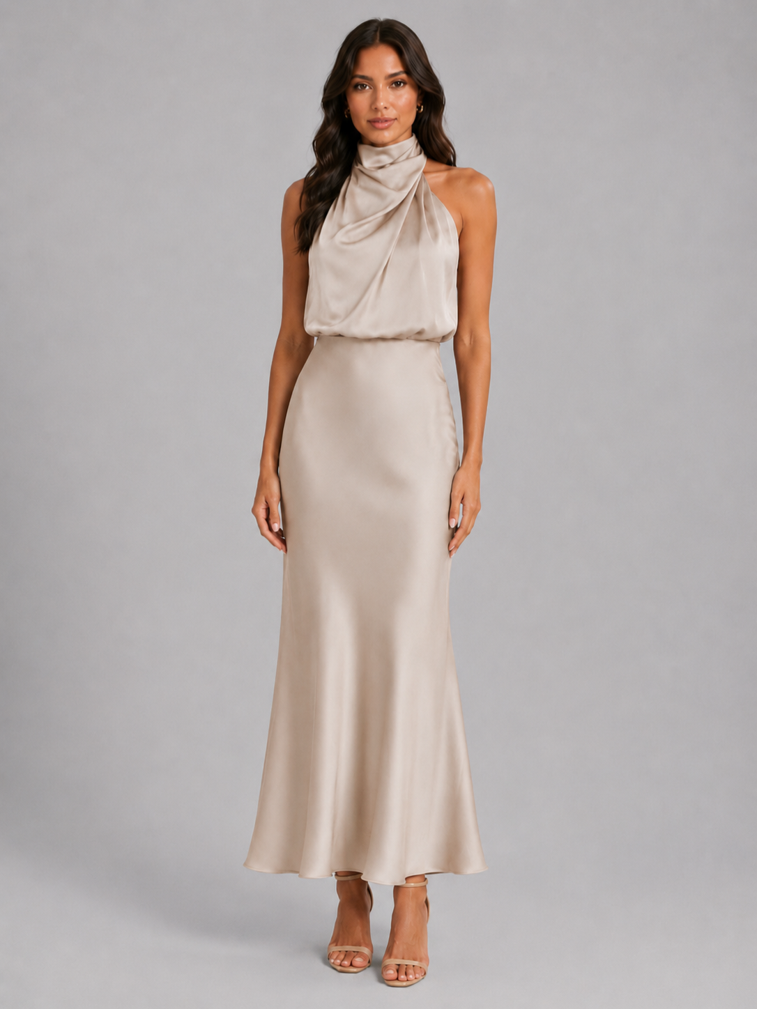 Women’s Satin Midi Dress with High Neckline