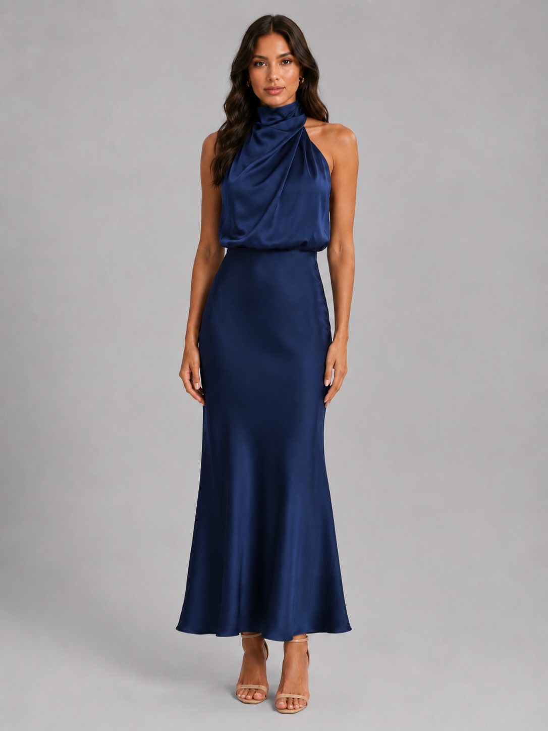 Women’s Satin Midi Dress with High Neckline