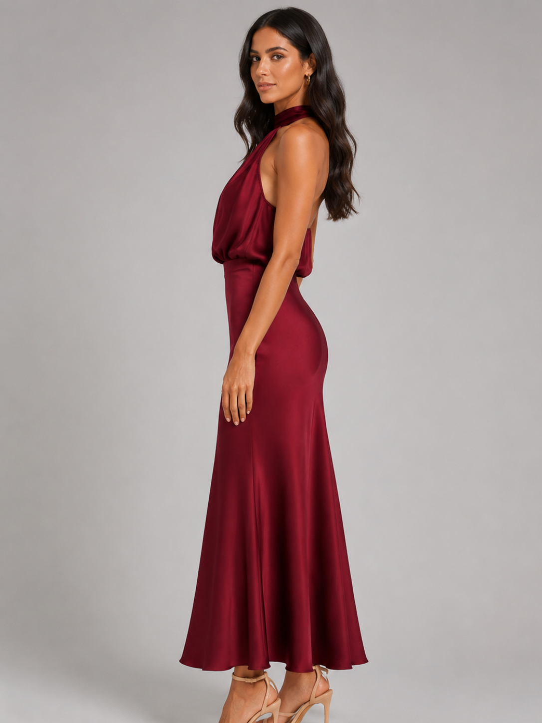 Women’s Satin Midi Dress with High Neckline