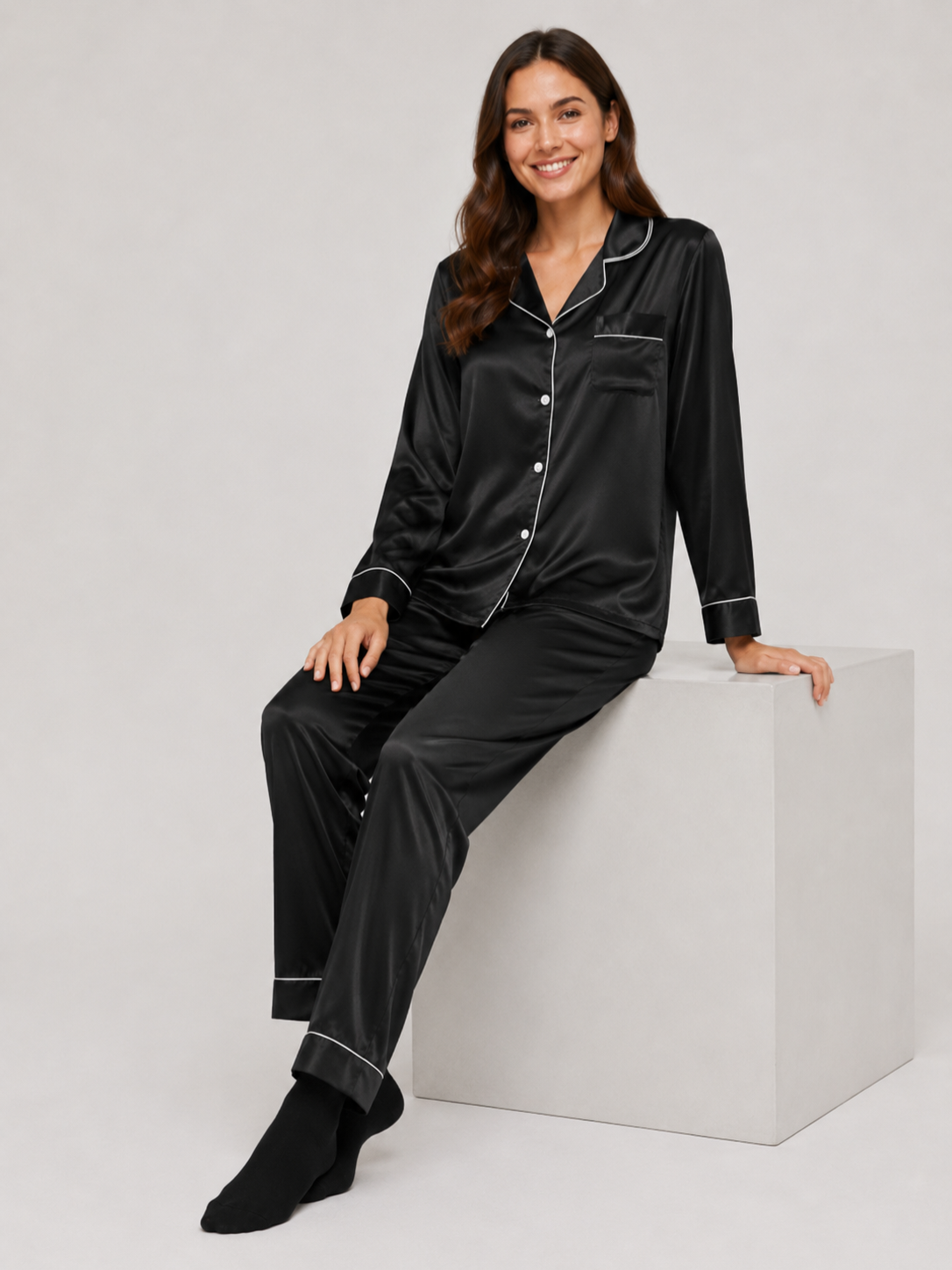 Women’s Satin Pajama Set with Contrast Trim