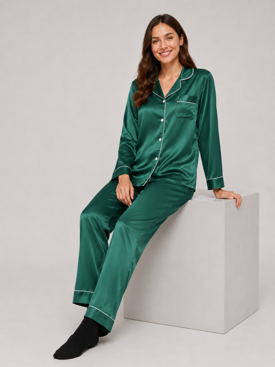 Women’s Satin Pajama Set with Contrast Trim
