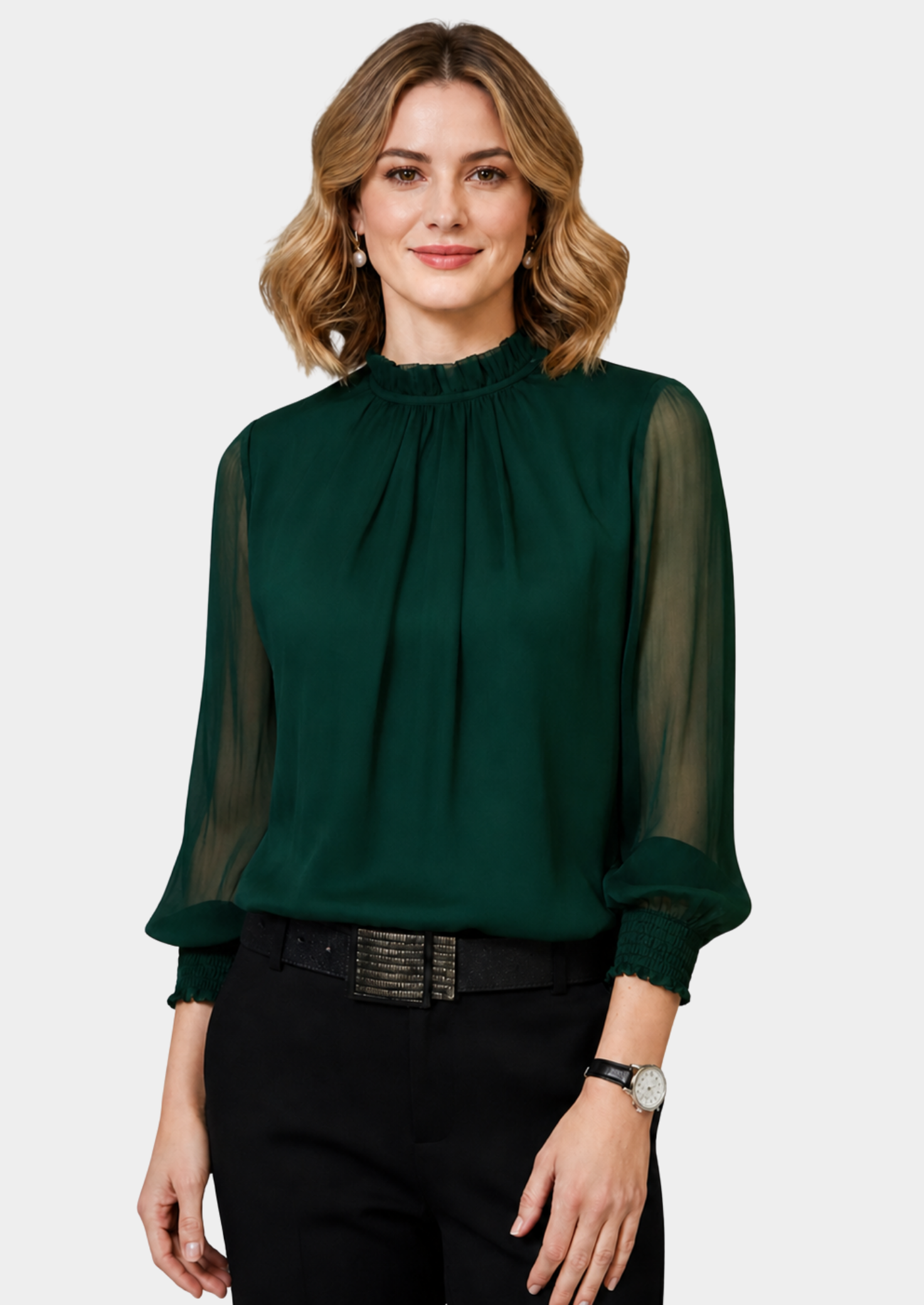 Women’s Sheer Sleeve Blouse with High Neck