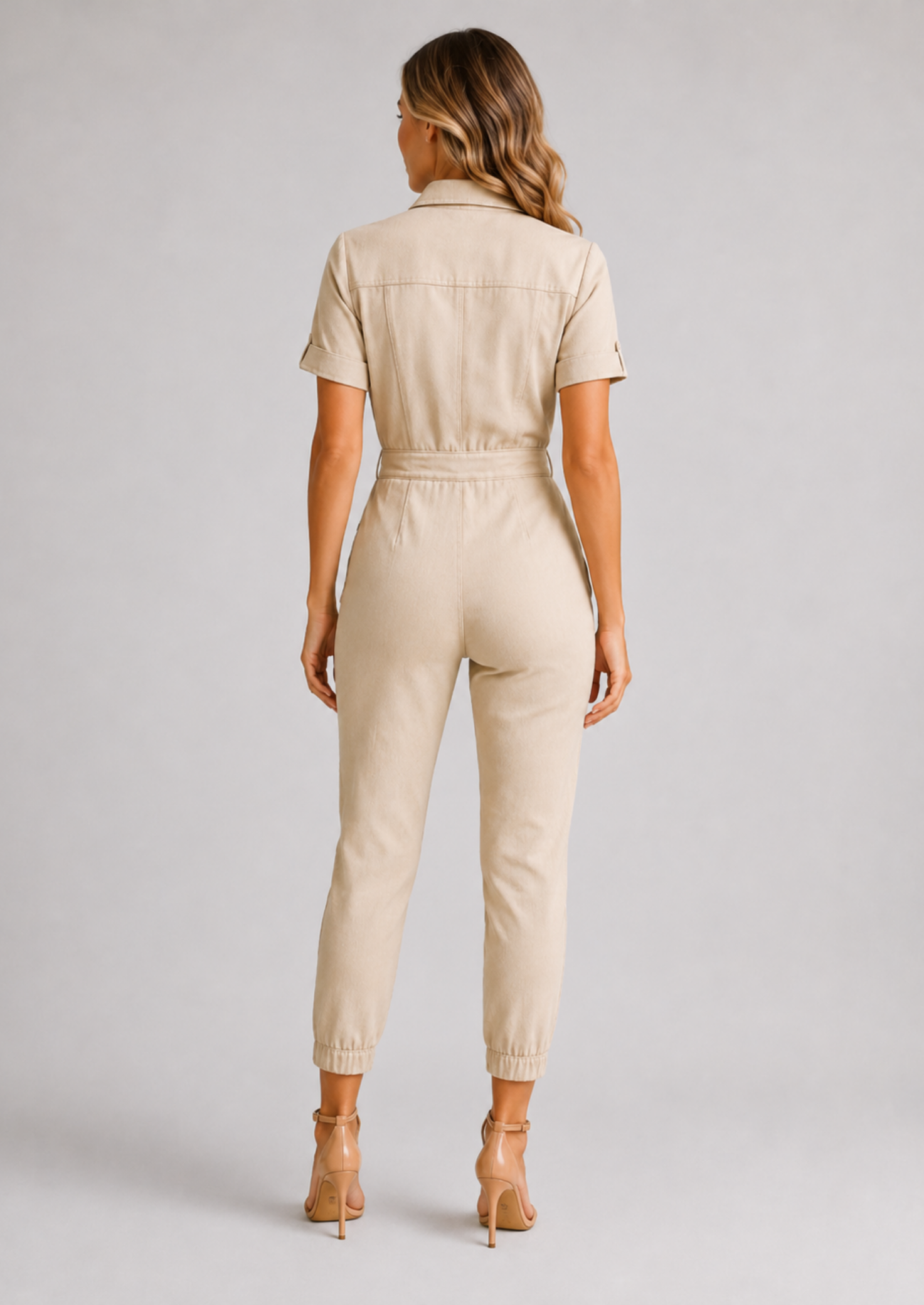 Women’s Short Sleeve Jumpsuit with Drawstring Waist and Chest Pockets