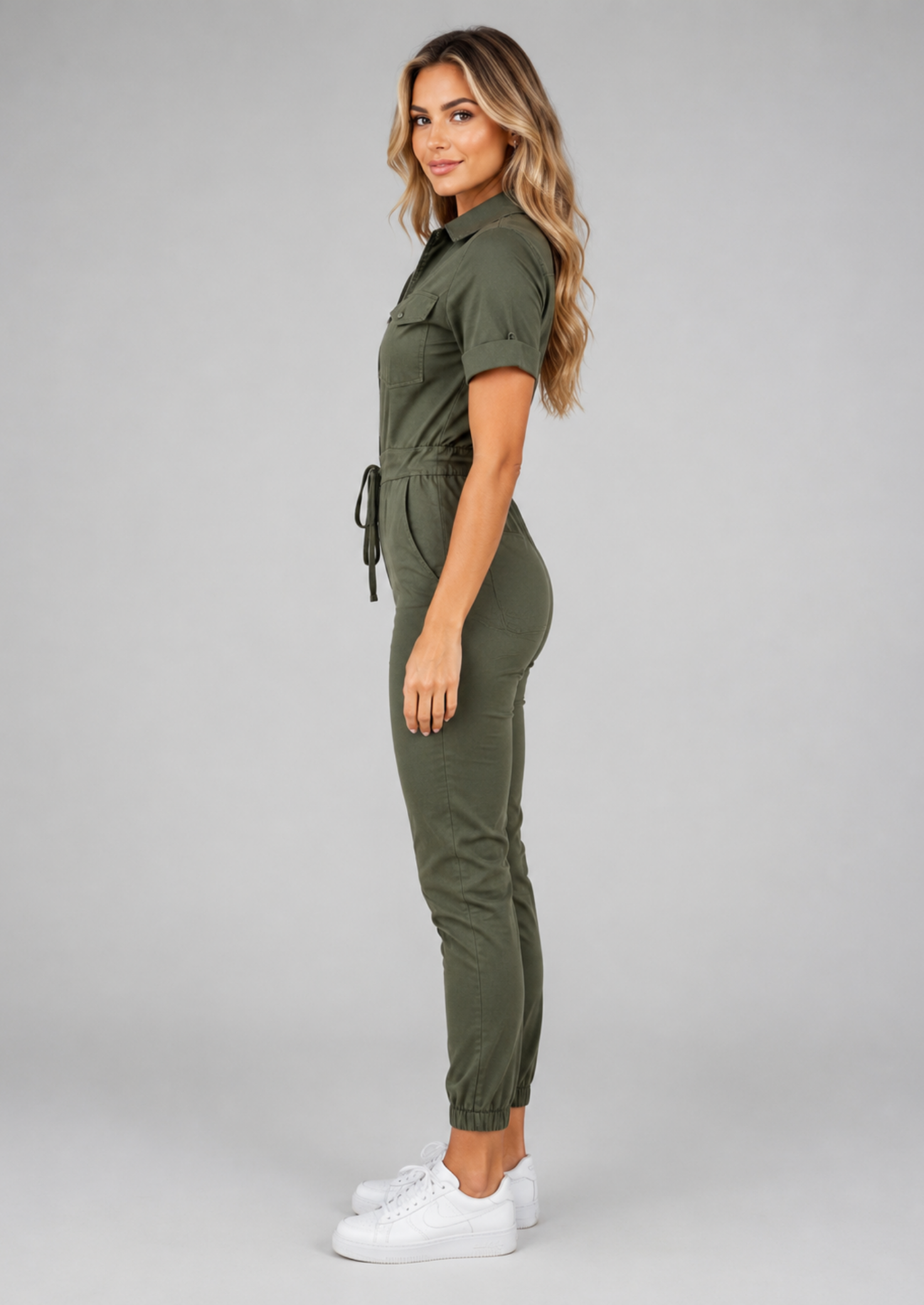 Women’s Short Sleeve Jumpsuit with Drawstring Waist and Chest Pockets