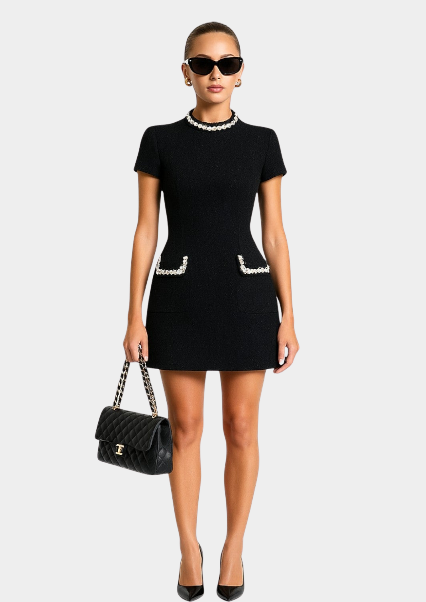 Women’s Short Sleeve Mini Dress with Pearl Trim Pockets