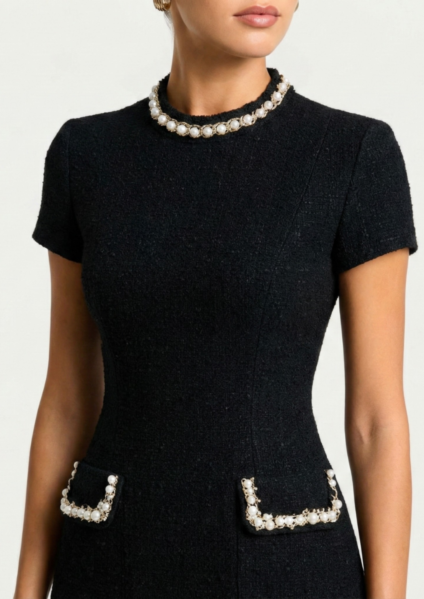 Women’s Short Sleeve Mini Dress with Pearl Trim Pockets