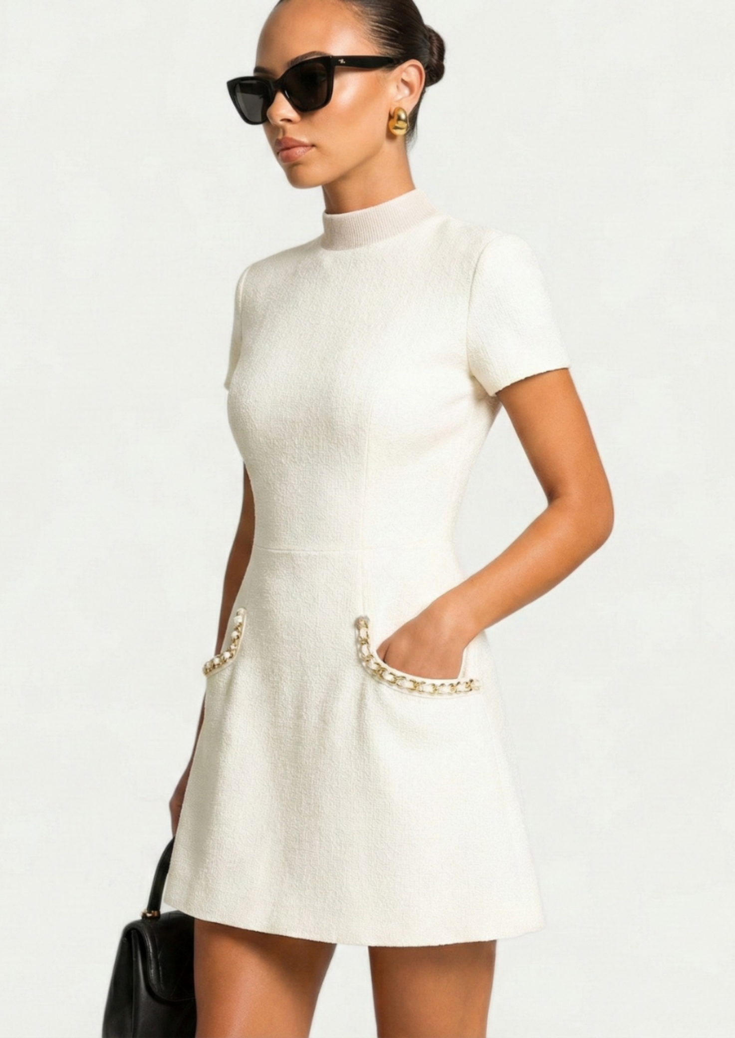 Women’s Short Sleeve Mini Dress with Pearl Trim Pockets