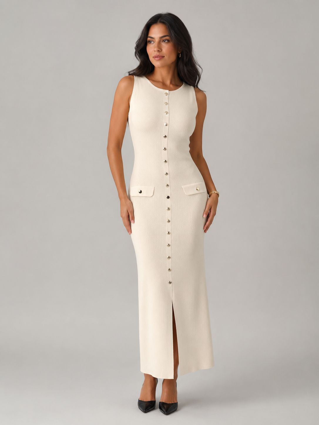 Women’s Sleeveless Maxi Dress with Button Front