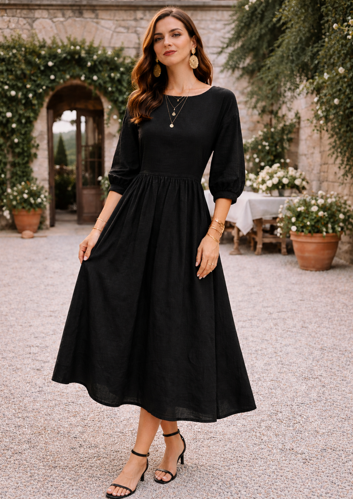 Women’s Smock Maxi Dress with 3/4 Sleeves and Pockets