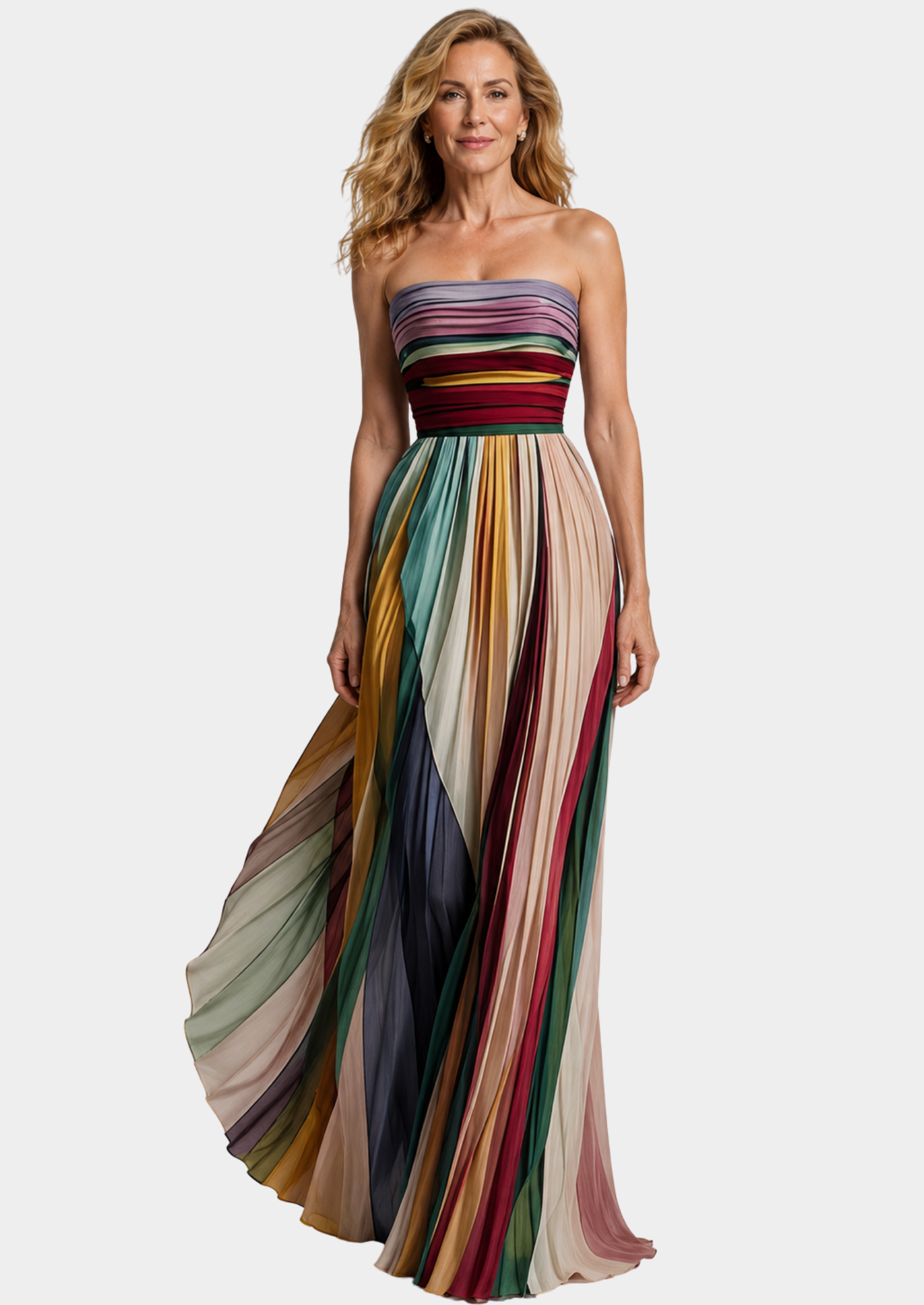 Women’s Strapless Maxi Dress with Multicolor Pleated Skirt