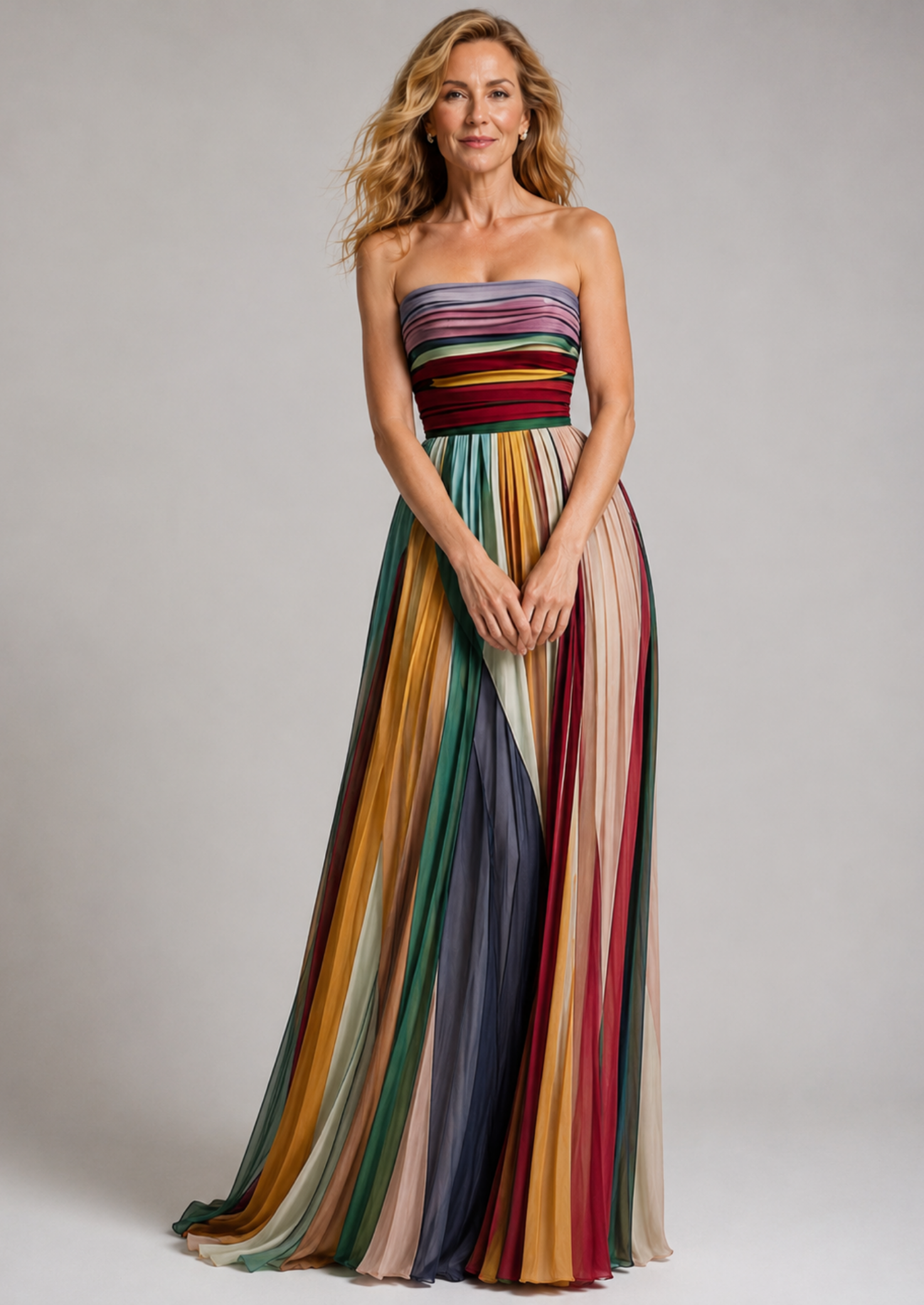 Women’s Strapless Maxi Dress with Multicolor Pleated Skirt
