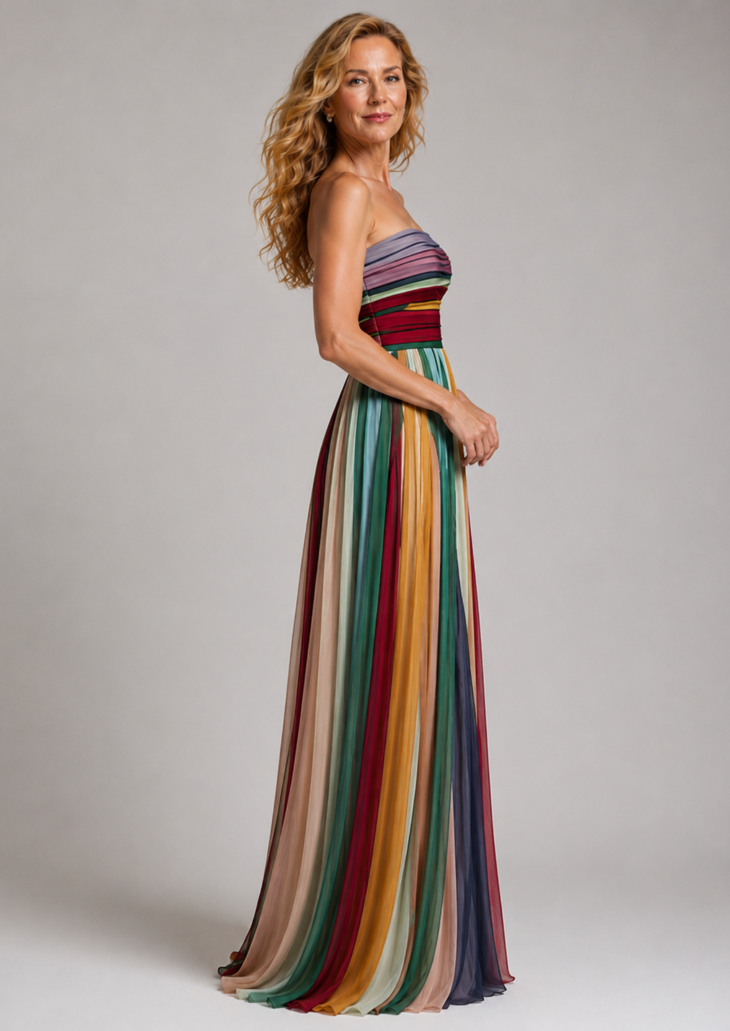 Women’s Strapless Maxi Dress with Multicolor Pleated Skirt