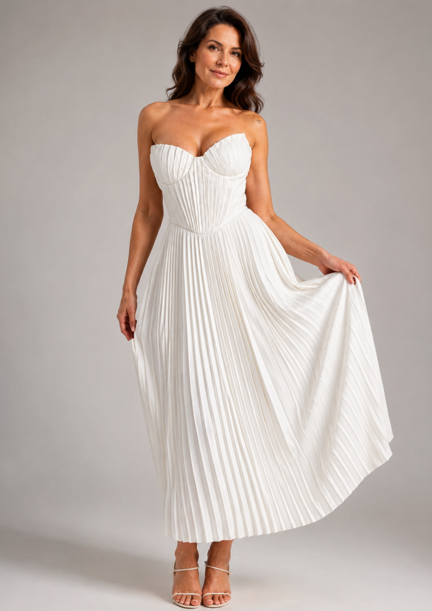 Women’s Strapless Pleated Midi Dress with Sweetheart Neckline