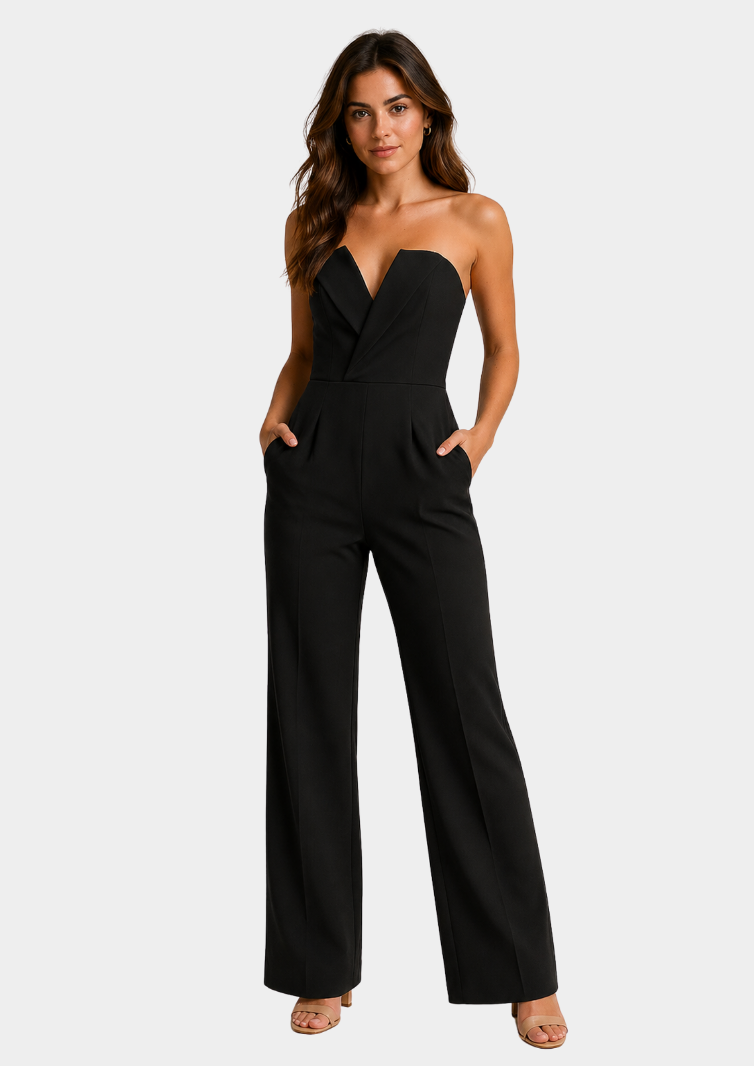 Women’s Strapless Wide-Leg Jumpsuit with V-Neck Bodice