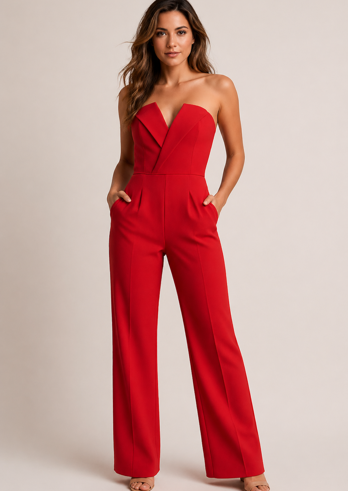 Women’s Strapless Wide-Leg Jumpsuit with V-Neck Bodice