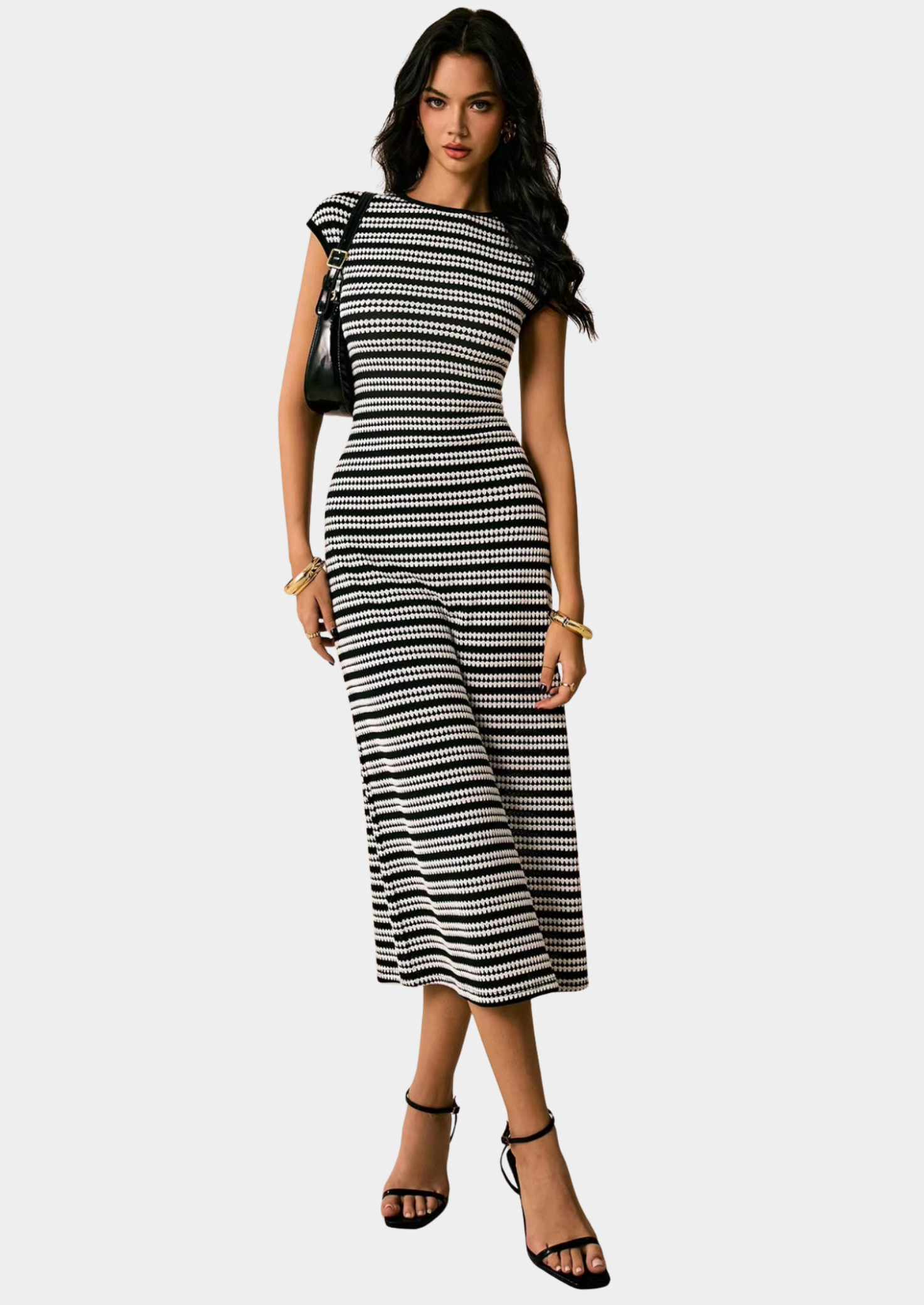 Women’s Striped Midi Dress with Short Sleeves