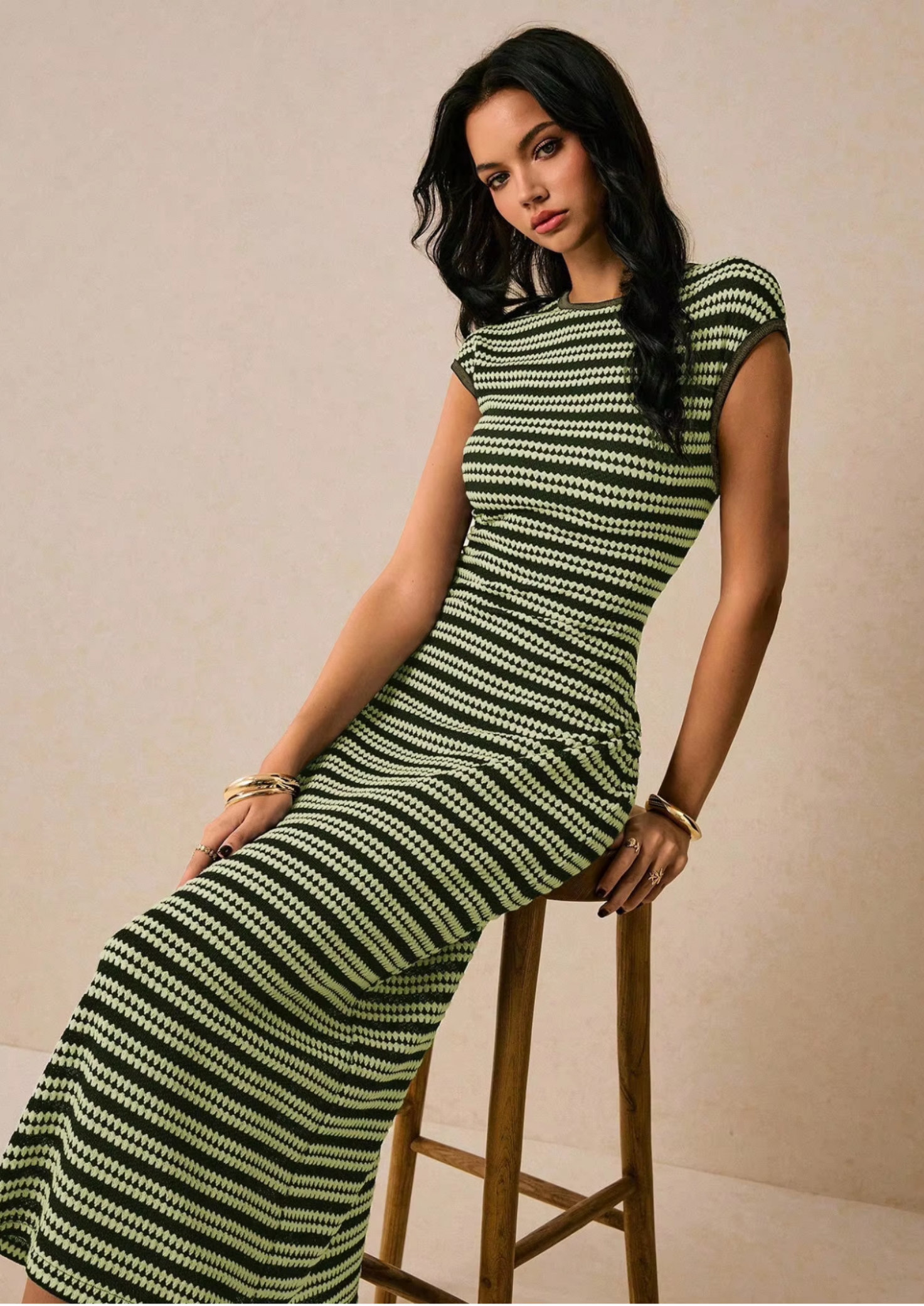 Women’s Striped Midi Dress with Short Sleeves
