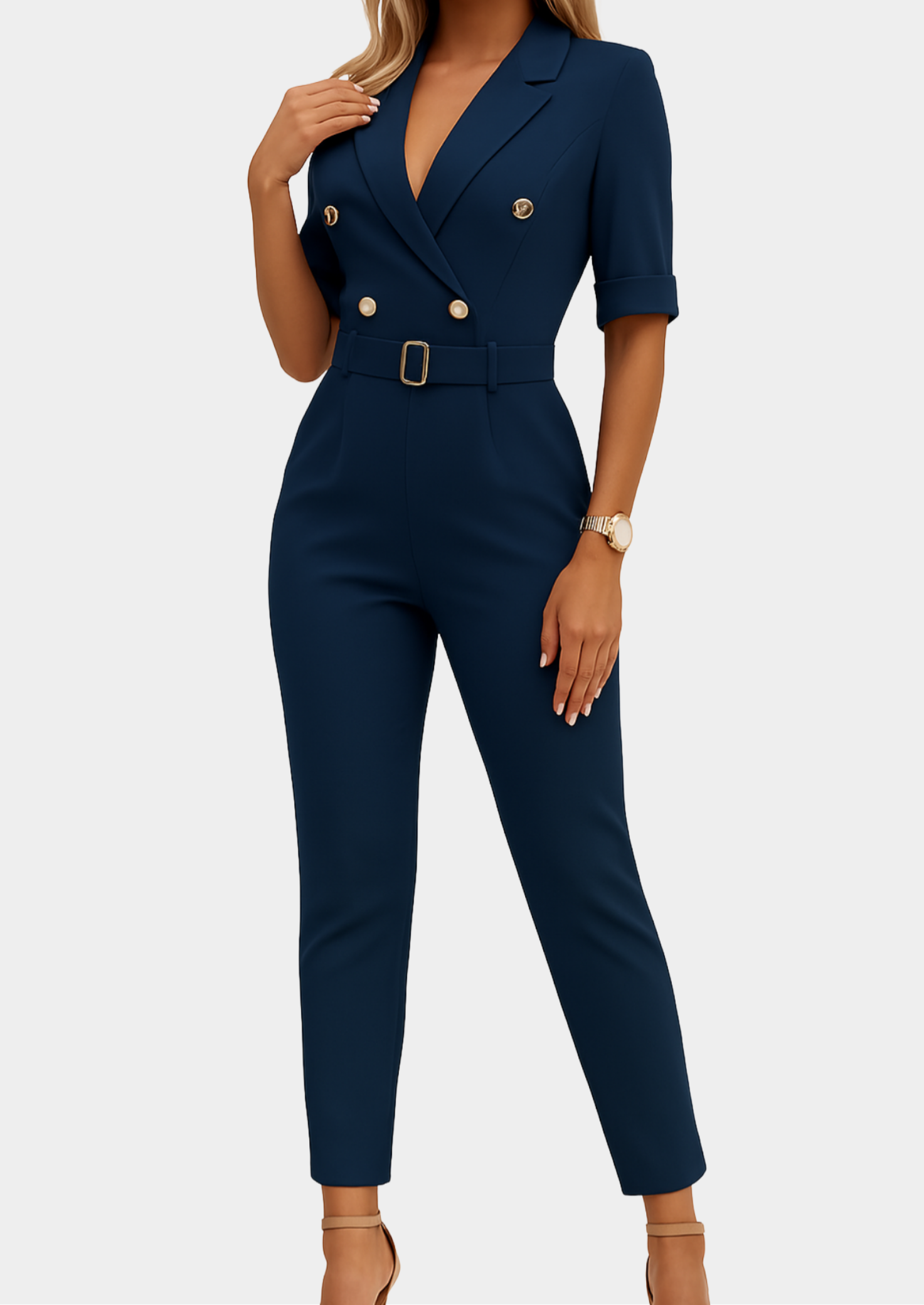 Women’s Tailored Jumpsuit with Belt and V-Neckline