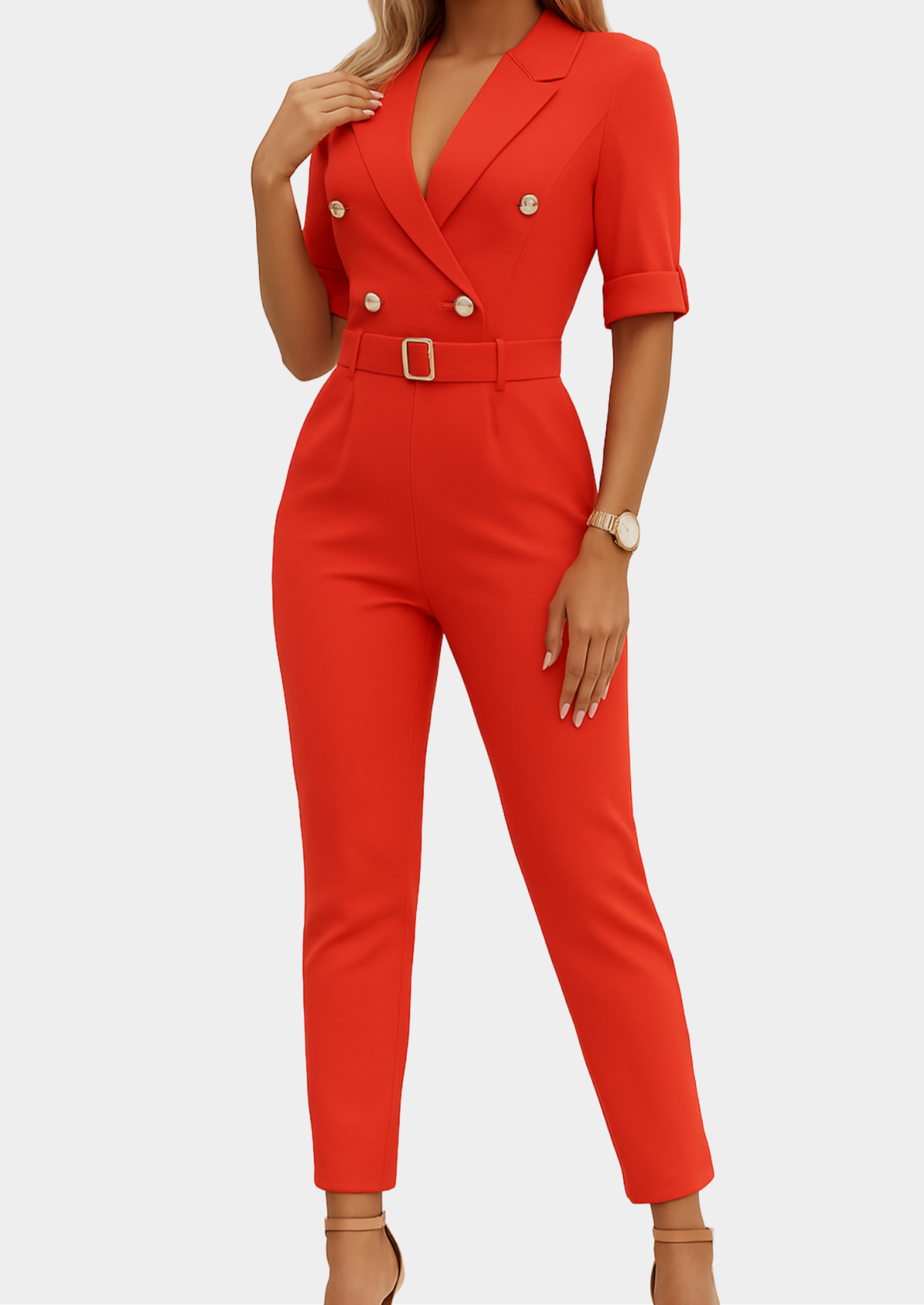 Women’s Tailored Jumpsuit with Belt and V-Neckline
