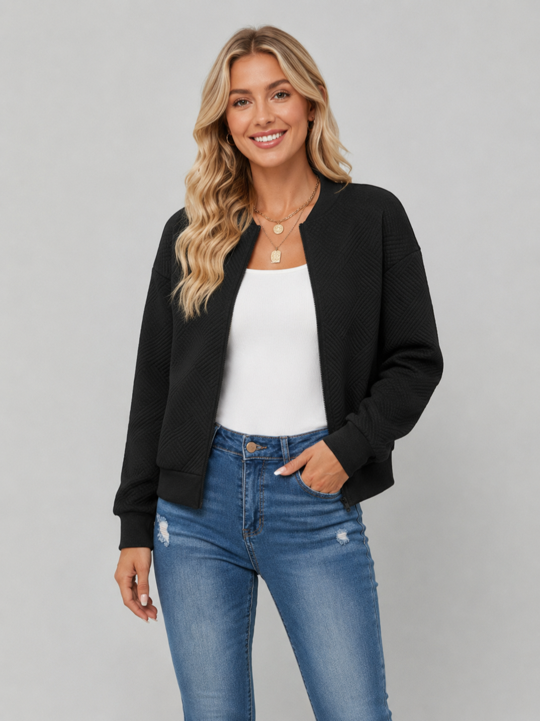 Women’s Textured Bomber Jacket with Ribbed Trim