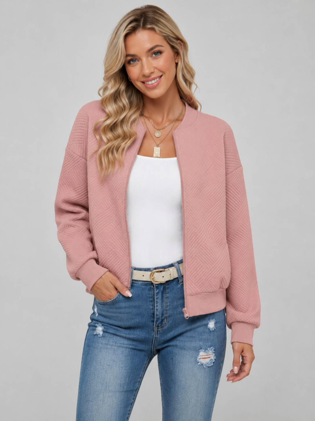 Women’s Textured Bomber Jacket with Ribbed Trim