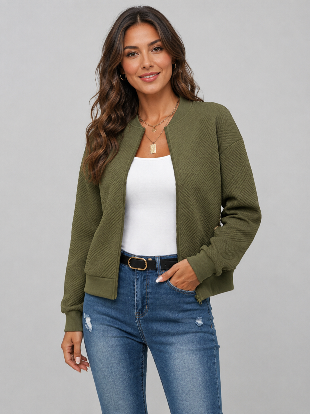 Women’s Textured Bomber Jacket with Ribbed Trim