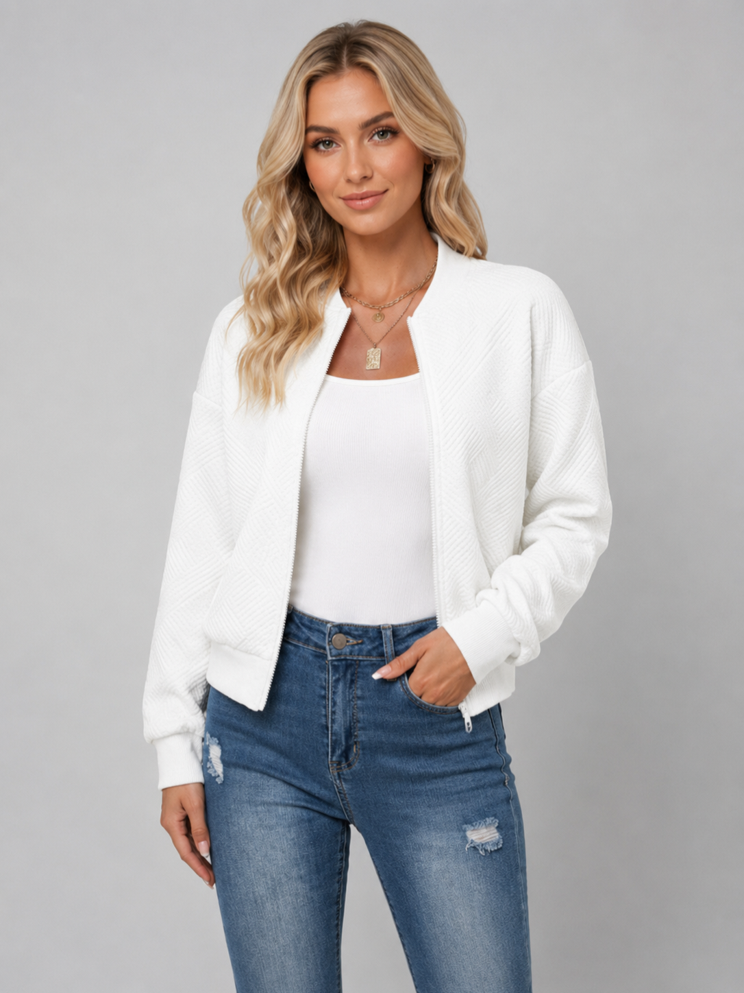 Women’s Textured Bomber Jacket with Ribbed Trim