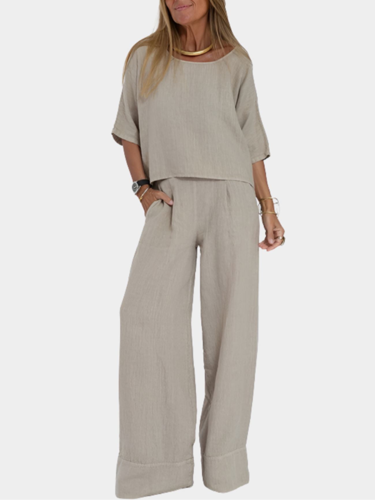 Women’s Two-Piece Relaxed Fit Set with Short Sleeve Top and Wide-Leg Pants