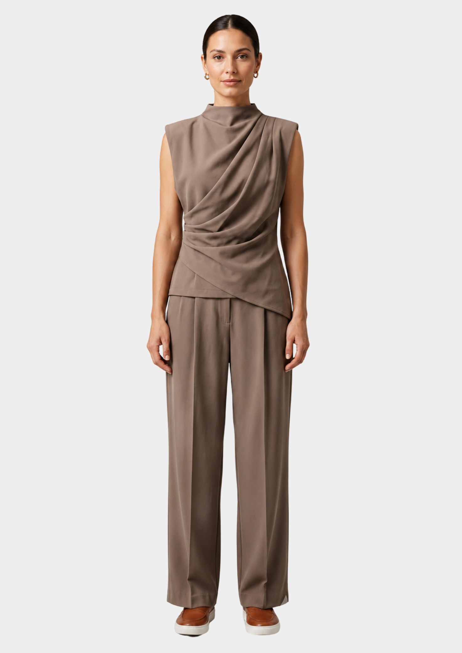 Women’s Two-Piece Set with Draped Sleeveless Top and Wide-Leg Trousers