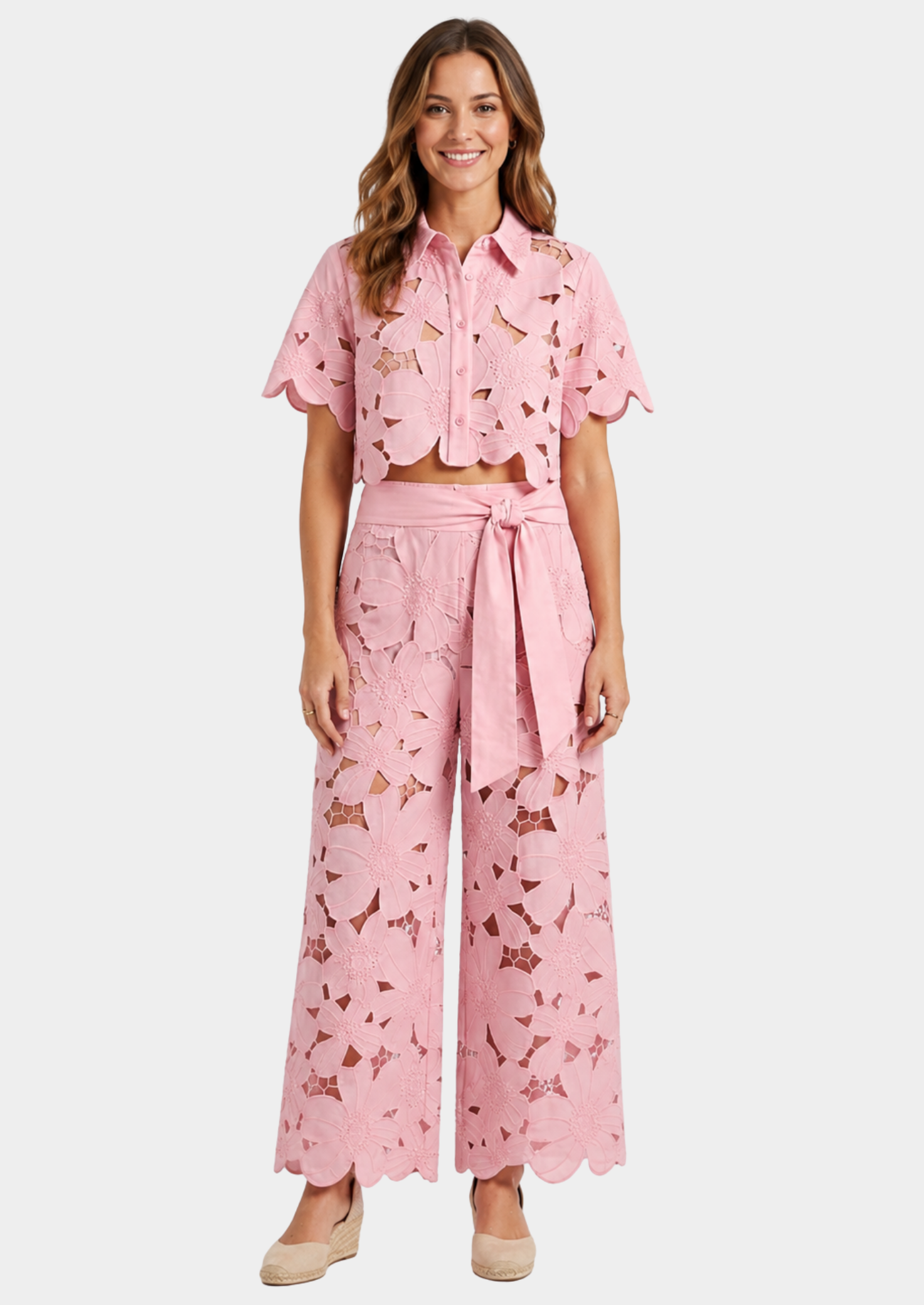 Women’s Two-Piece Set with Short Sleeve Top and Wide-Leg Trousers