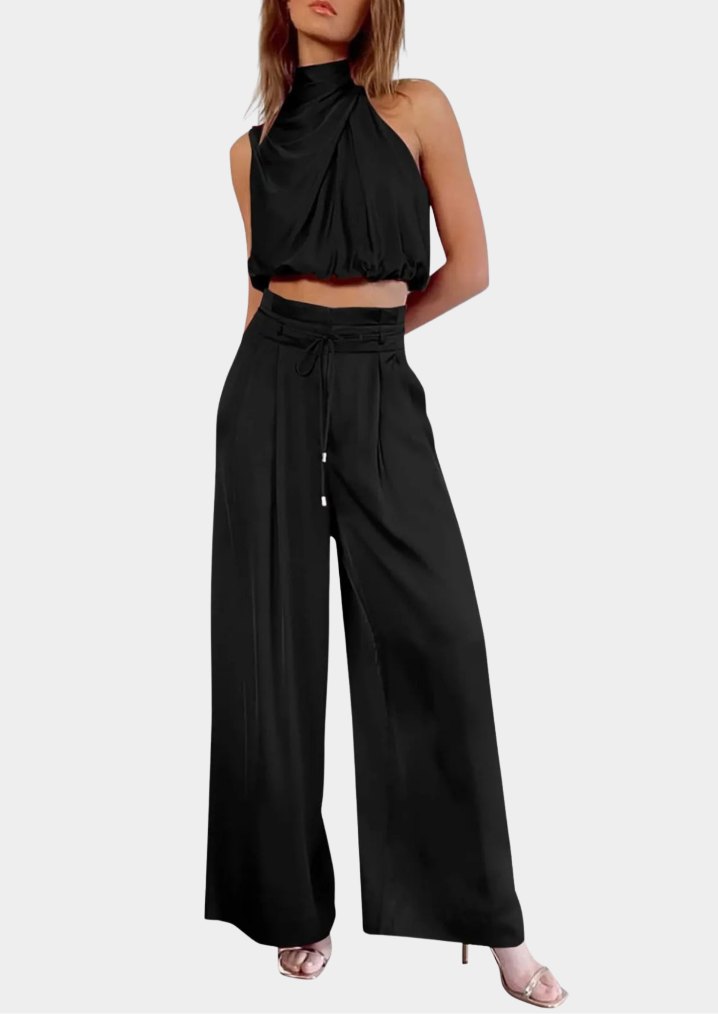 Women’s Two-Piece Set with Sleeveless High-Neck Top and Wide-Leg Pants