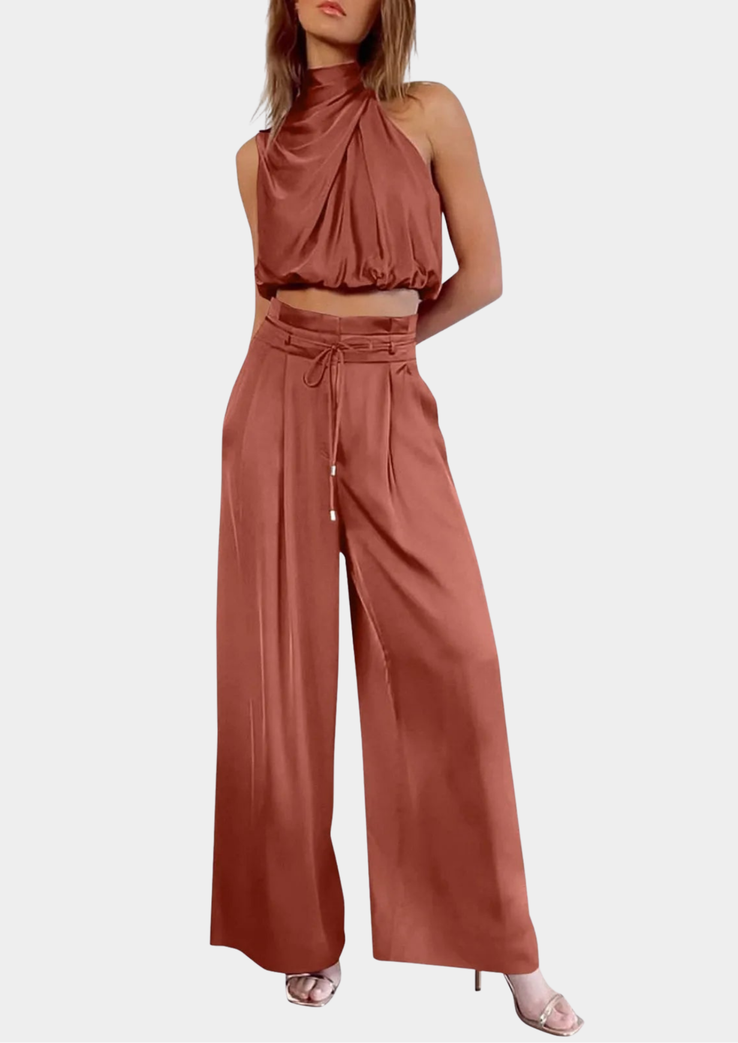 Women’s Two-Piece Set with Sleeveless High-Neck Top and Wide-Leg Pants