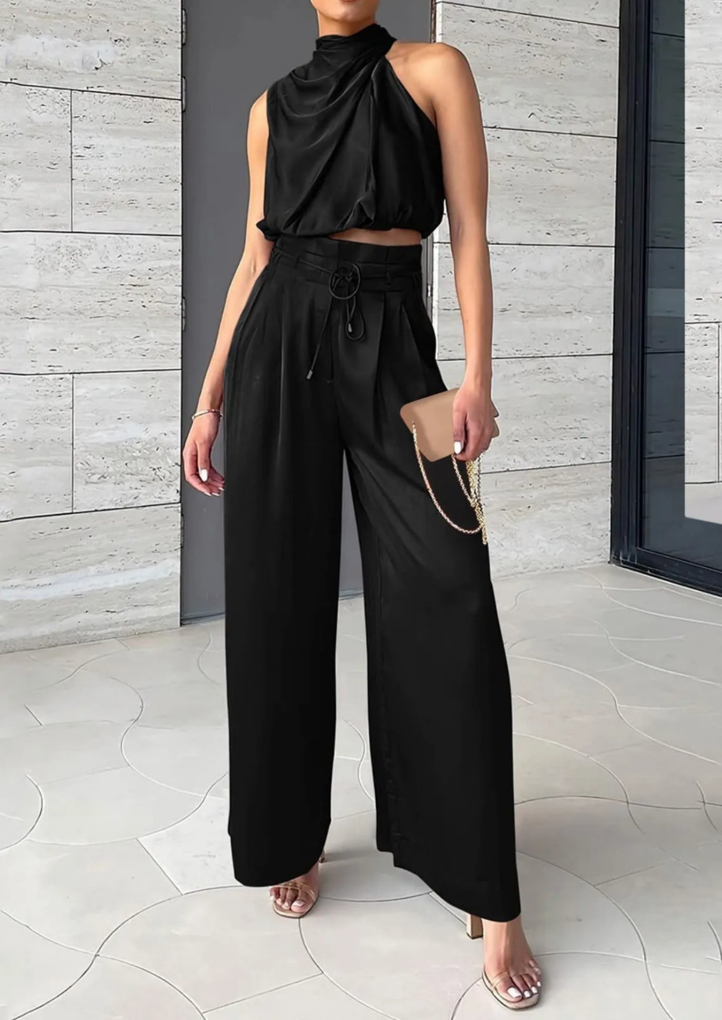 Women’s Two-Piece Set with Sleeveless High-Neck Top and Wide-Leg Pants