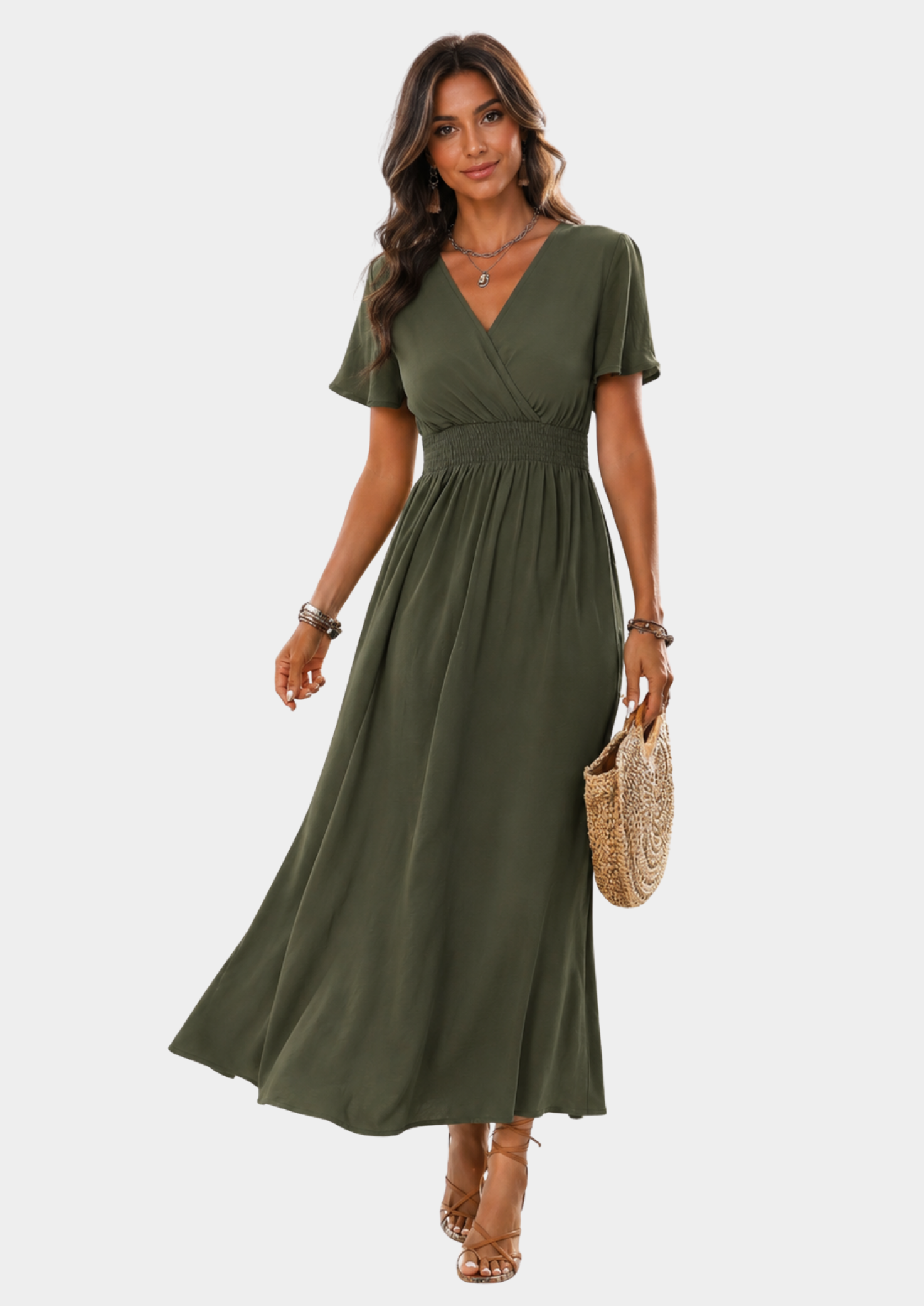 Women’s V-Neck Maxi Dress with Short Sleeves and Side Slit