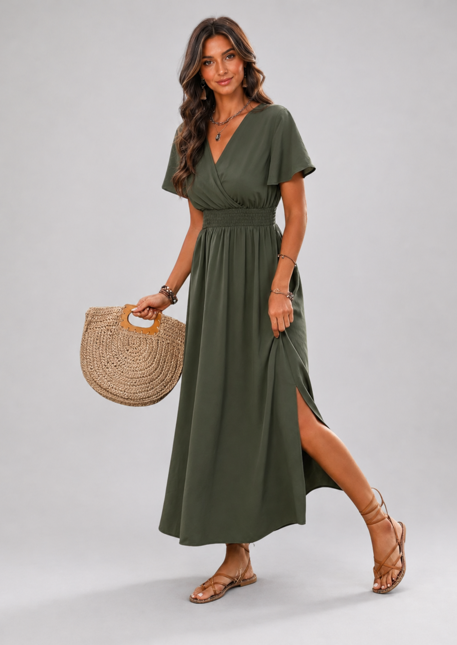 Women’s V-Neck Maxi Dress with Short Sleeves and Side Slit