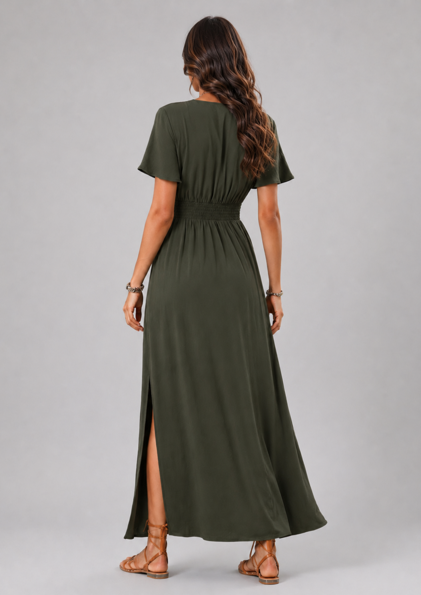Women’s V-Neck Maxi Dress with Short Sleeves and Side Slit