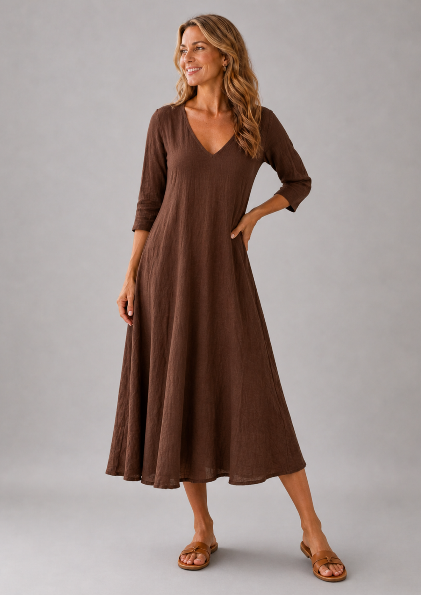 Women’s V-Neck Midi Dress with 3/4 Sleeves