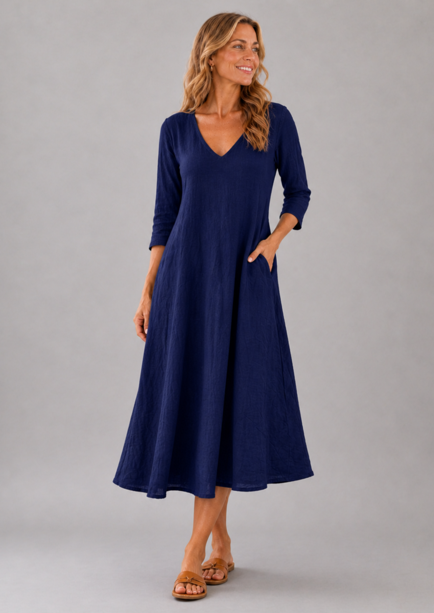 Women’s V-Neck Midi Dress with 3/4 Sleeves